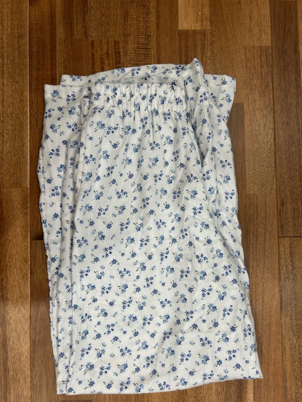 White Floral Cotton Pants with Blue Blossoms